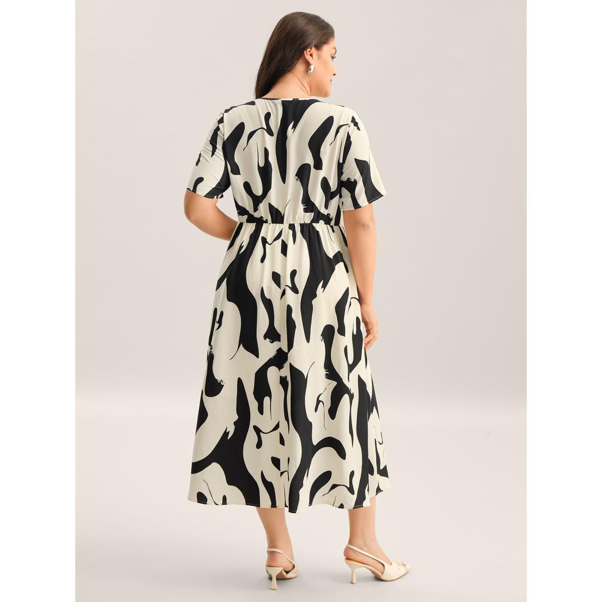 Plus Size Geometric Print Surplice Neck Midi Dress Black Women Overlap Collar Short sleeve Curvy BloomChic 10/M Product Image