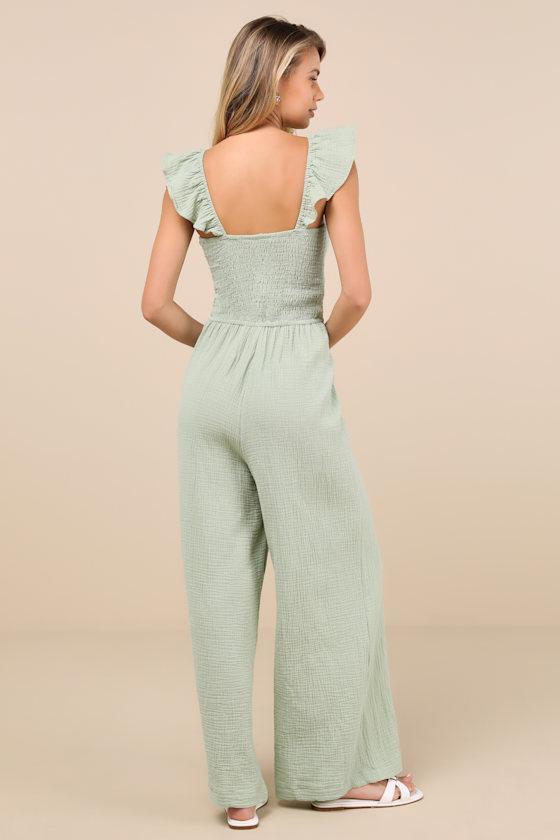 Daniyah Sage Green Smocked Flutter Sleeve Wide-Leg Jumpsuit Product Image