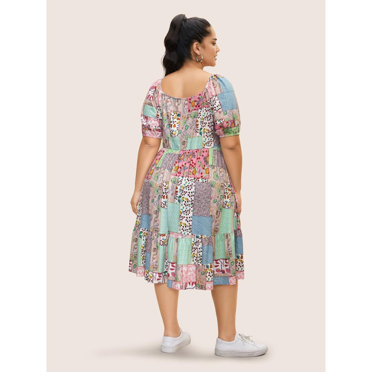 Plus Size Patchwork Boho Print Raglan Sleeve Midi Dress Multicolor Women Casual V-neck Short sleeve Curvy BloomChic 12/L Product Image