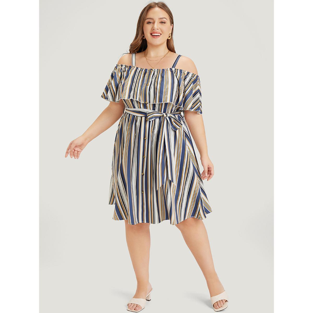 Plus Size Striped Cold Shoulder Belt Pocket Button Detail Dress Blue Women Vacation Adjustable Straps Spaghetti Strap Short sleeve Curvy Knee Dress BloomChic 18-20/2X Product Image