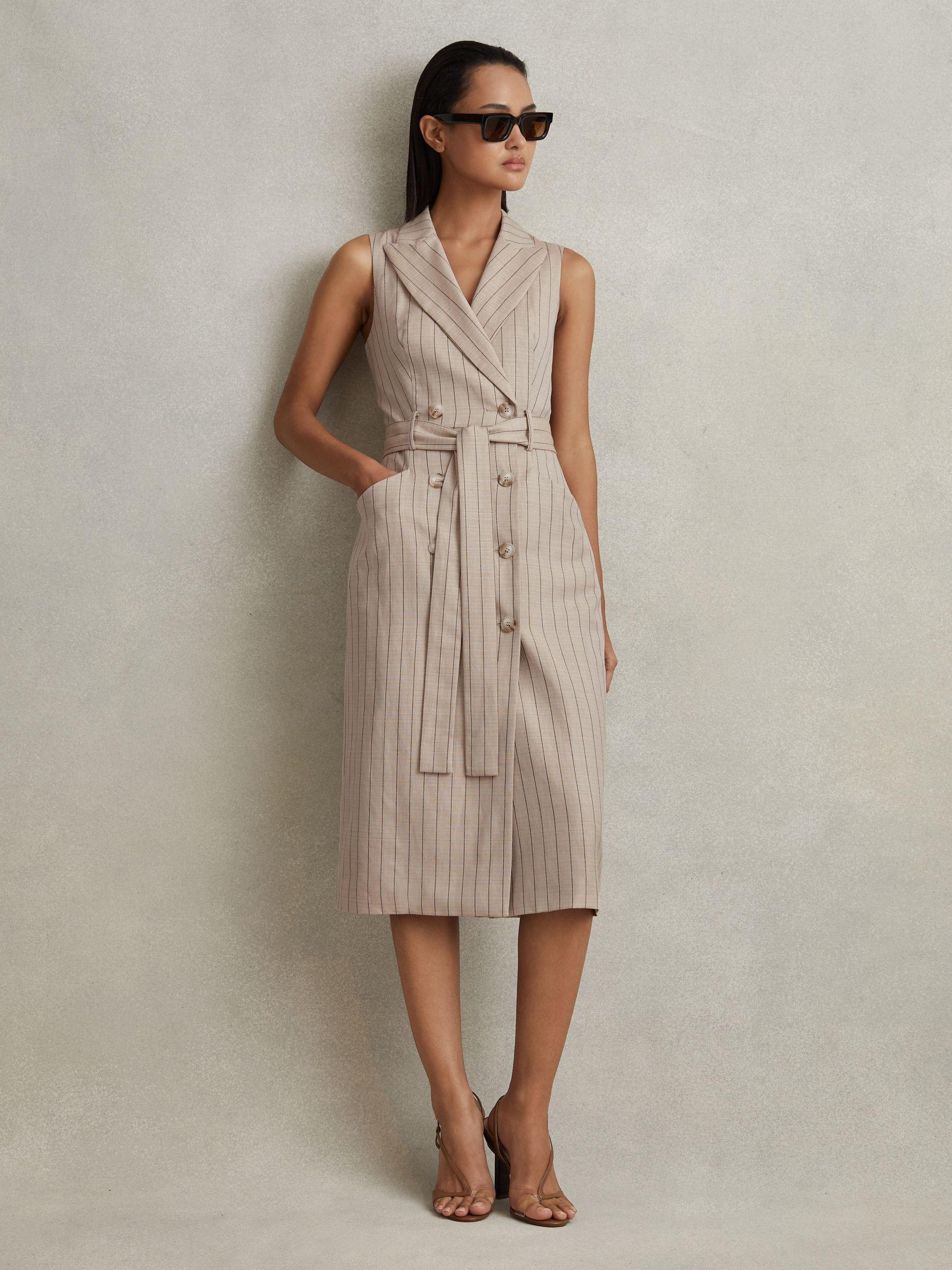 Wool Blend Striped Double Breasted Midi Dress in Neutral Product Image