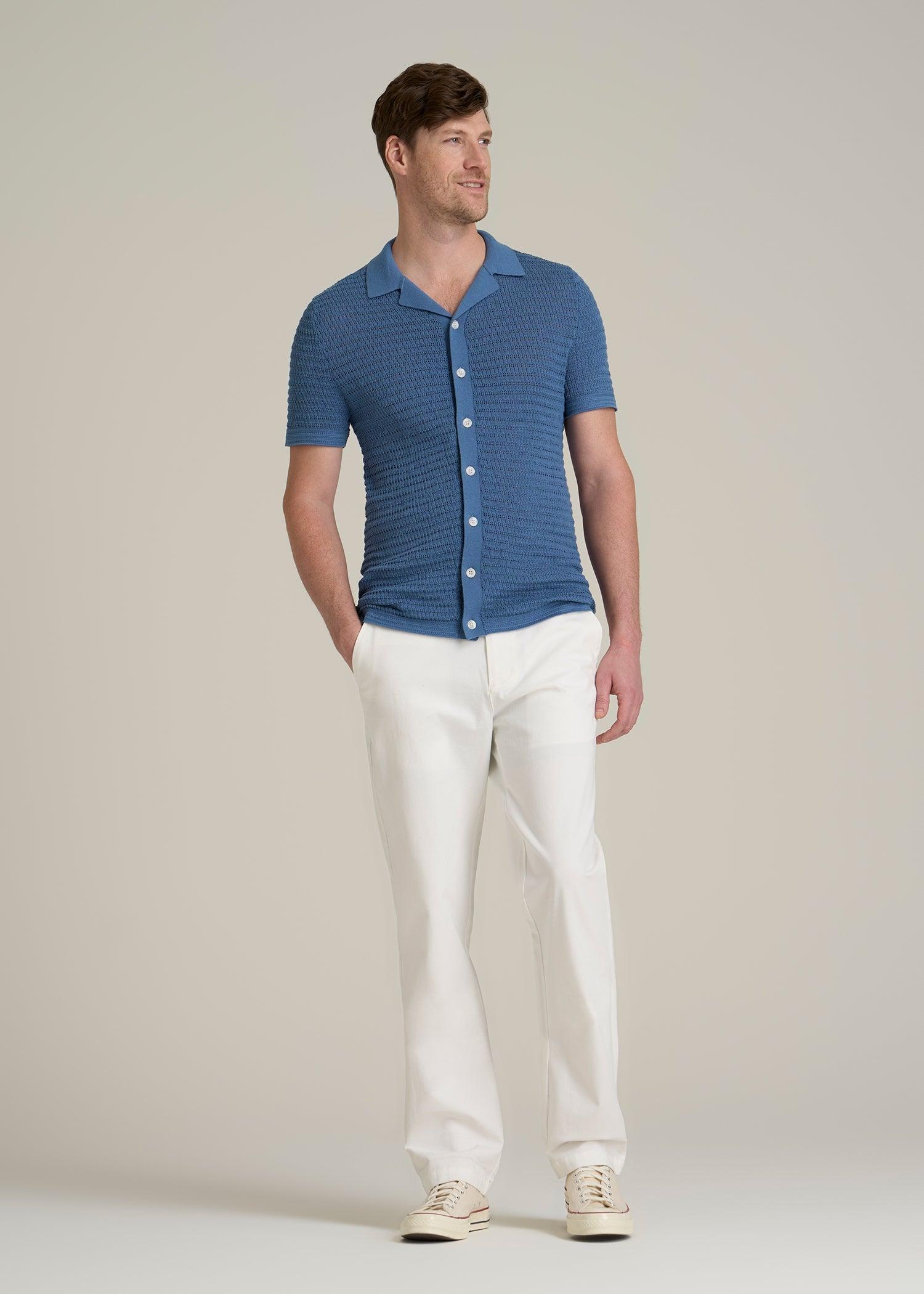 Short Sleeve Crochet Polo Cardigan for Tall Men in Deep Cobalt Male Product Image