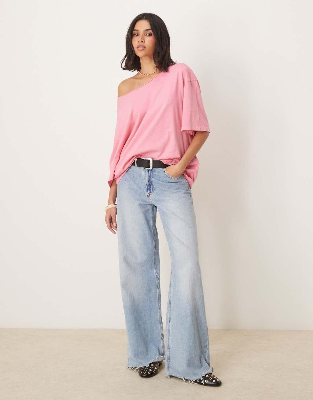 ASOS DESIGN slouchy off the shoulder oversized tee in washed pink Product Image