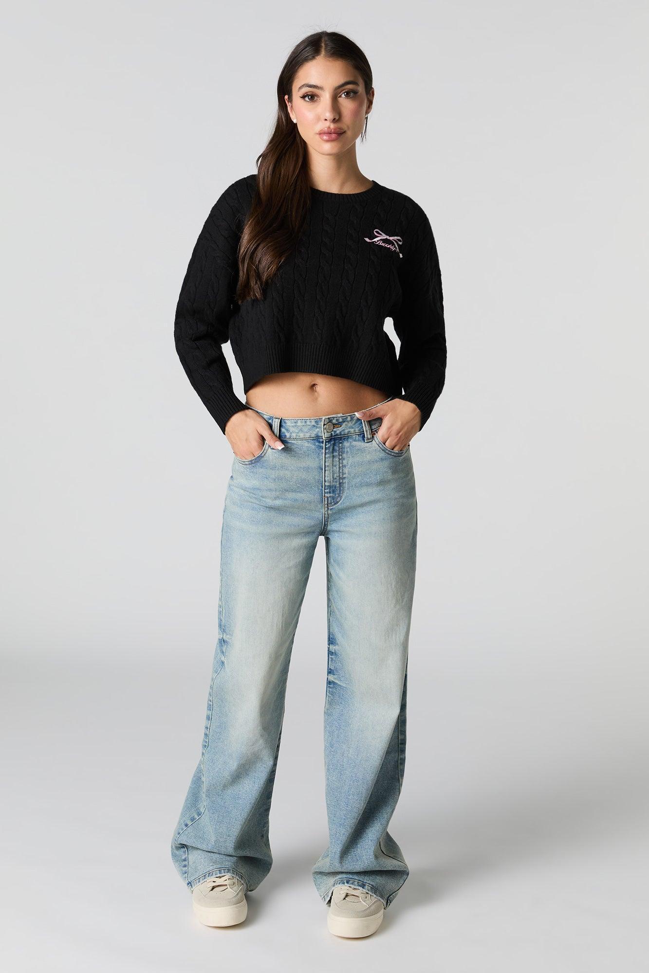 Embroidered Cable Knit Cropped Sweater Female Product Image