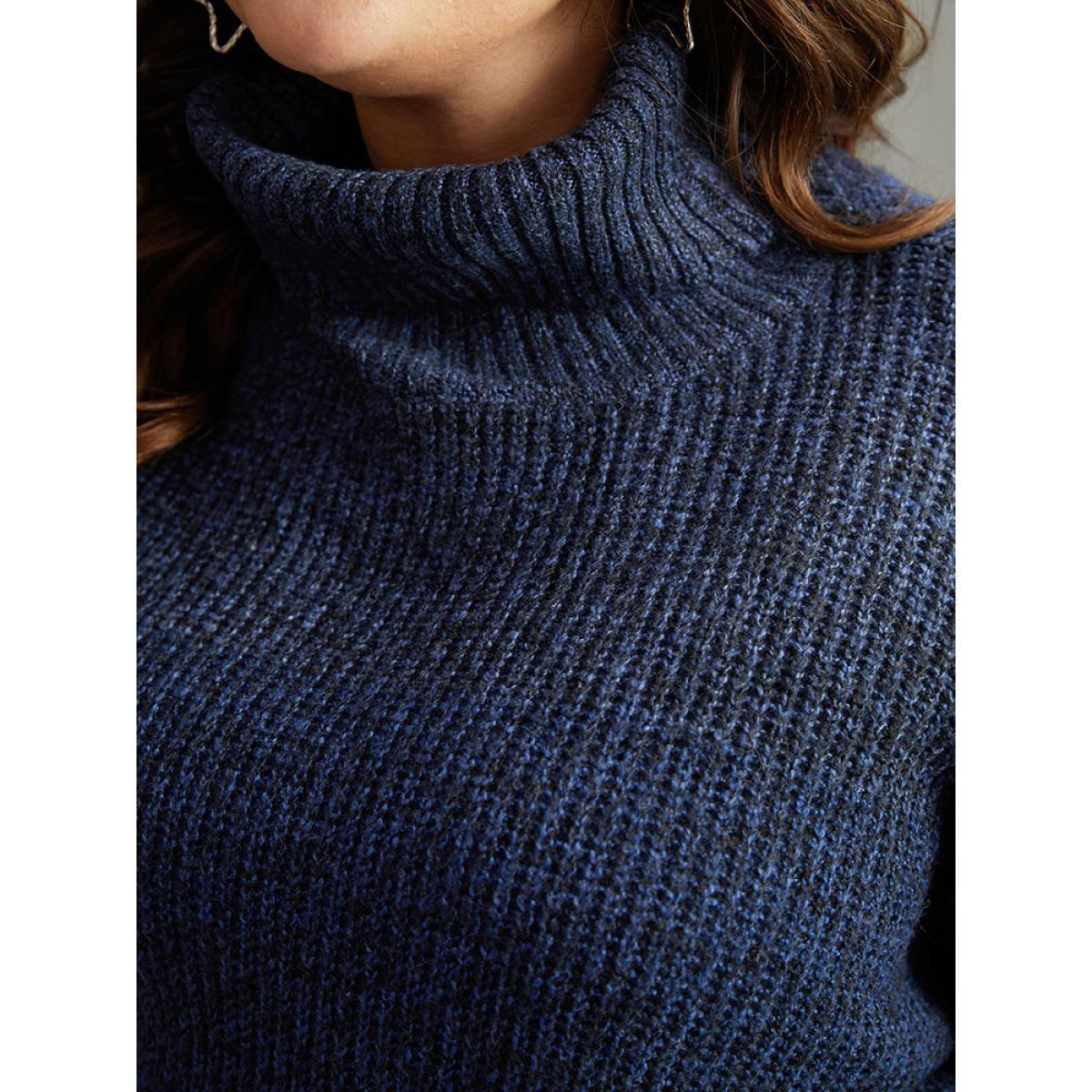 Plus Size Turtle Neck Belted Drop Shoulder Pullover Navy Women Casual Loose Long Sleeve Lapel Collar Dailywear Pullovers BloomChic 10/M Product Image