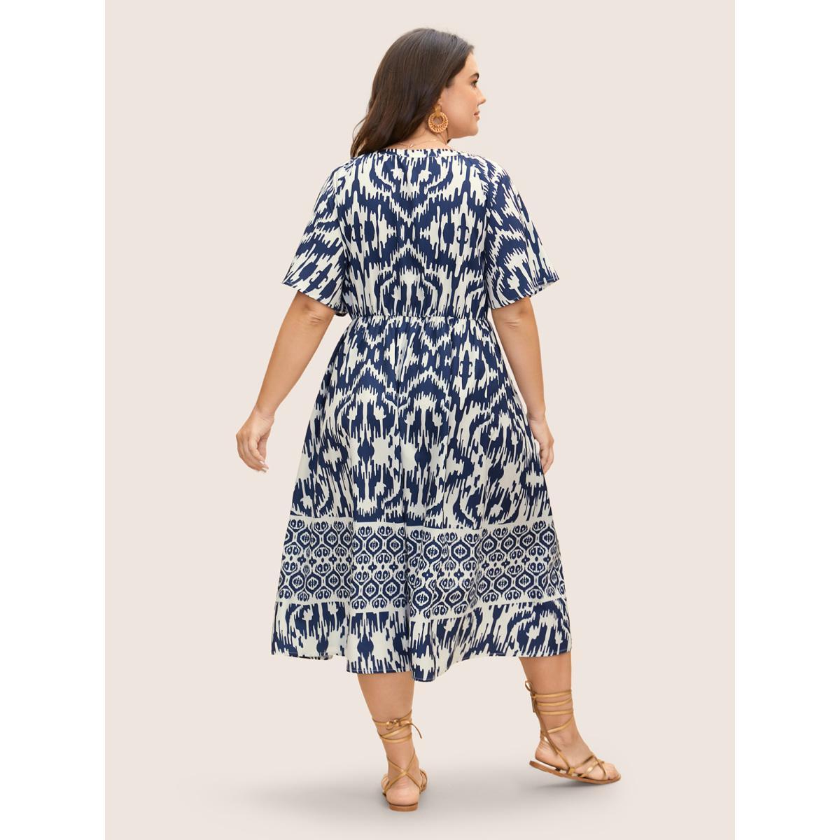 Plus Size Boho Print Ruffle Sleeve Midi Dress DarkBlue Women Resort Non Round Neck Short sleeve Curvy BloomChic 10/M Product Image