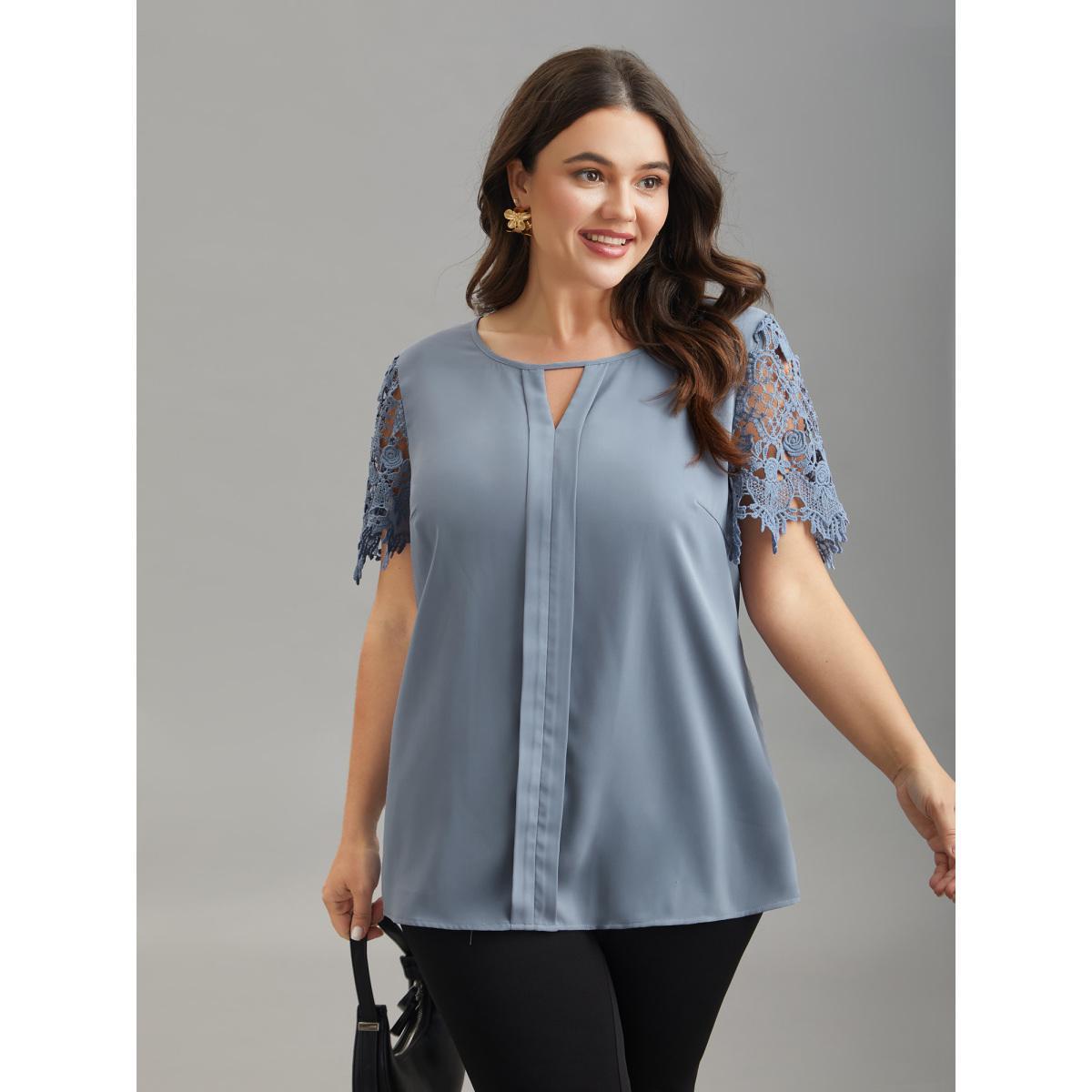 Plus Size Stone Lace Sleeve Neck Cut-Out Flared Shirt Women At the Office Short sleeve Notched collar Work Blouses BloomChic 22-24/3X Product Image