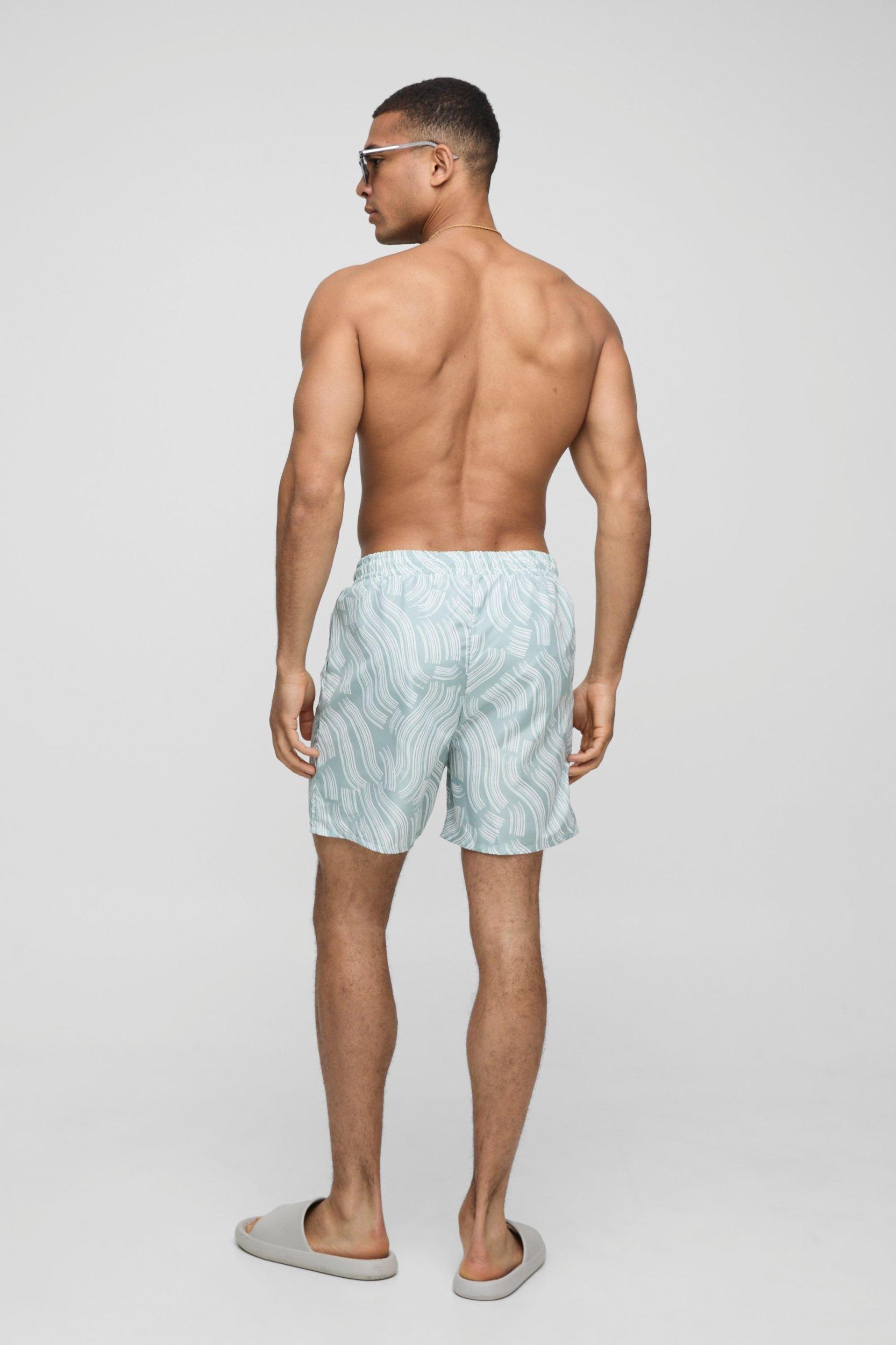 Abstract Printed Mid Length Swim Trunks | boohooMAN USA Product Image