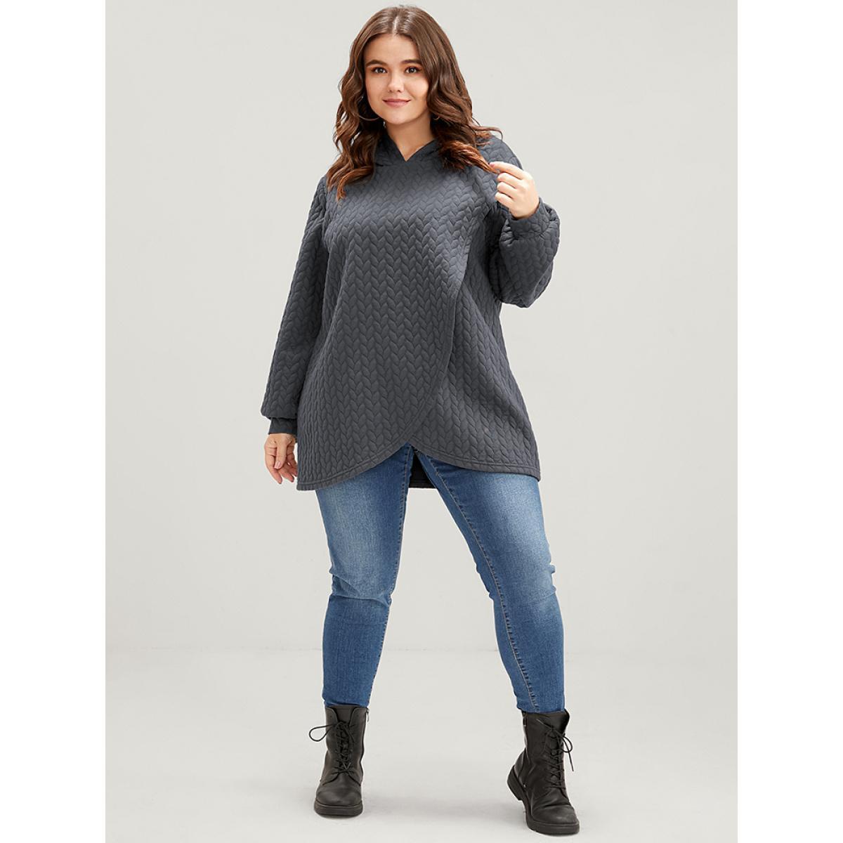 Plus Size Solid Asymmetrical Hem Cable Knit Hooded Sweatshirt Women DimGray Lounge Asymmetrical Hooded Everyday Sweatshirts BloomChic 28/5X Product Image