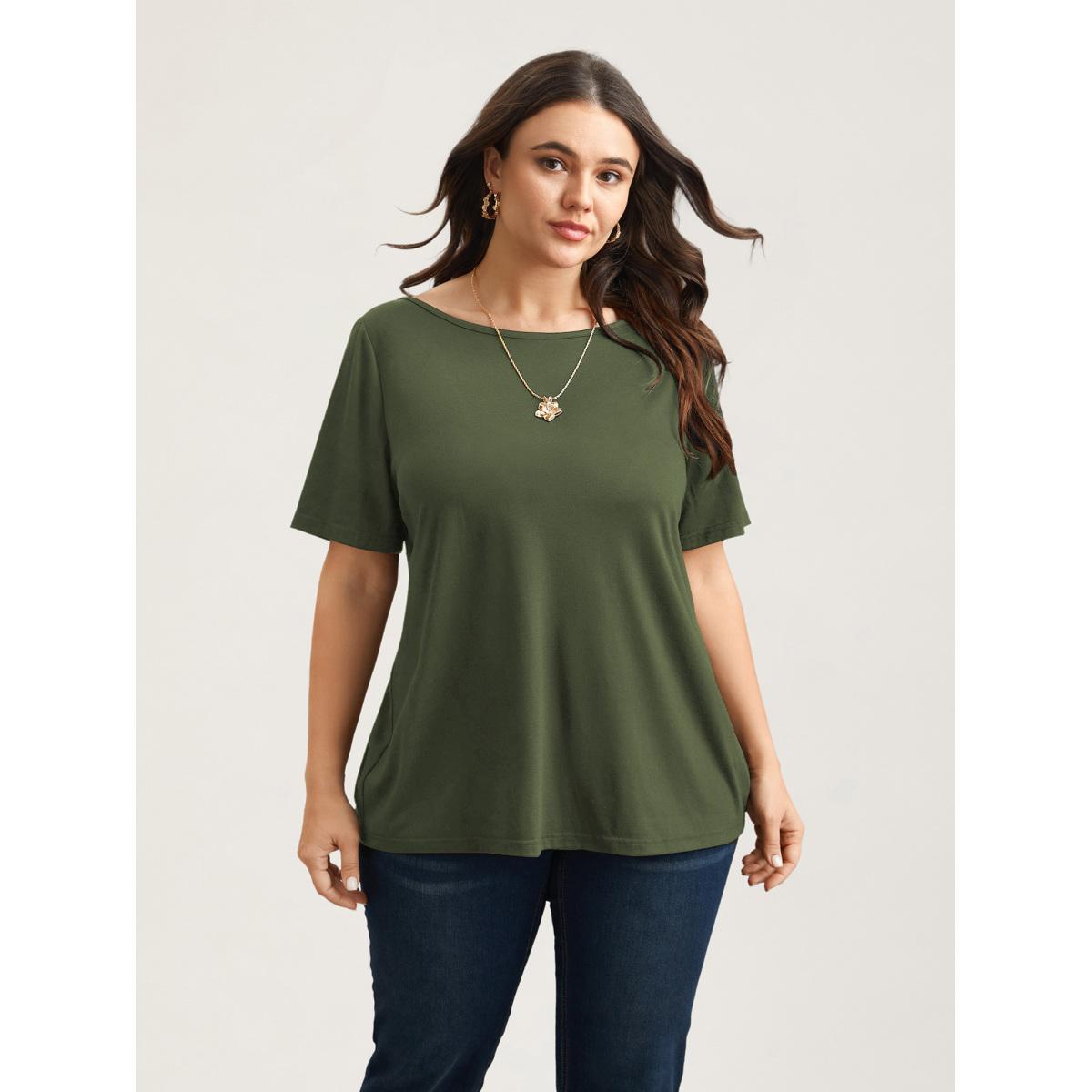 Plus Size Butterfly Back Stretchy Round Neck T-Shirt Indigo Women Leisure See through Round Neck Casual T-shirts BloomChic 12/L Product Image