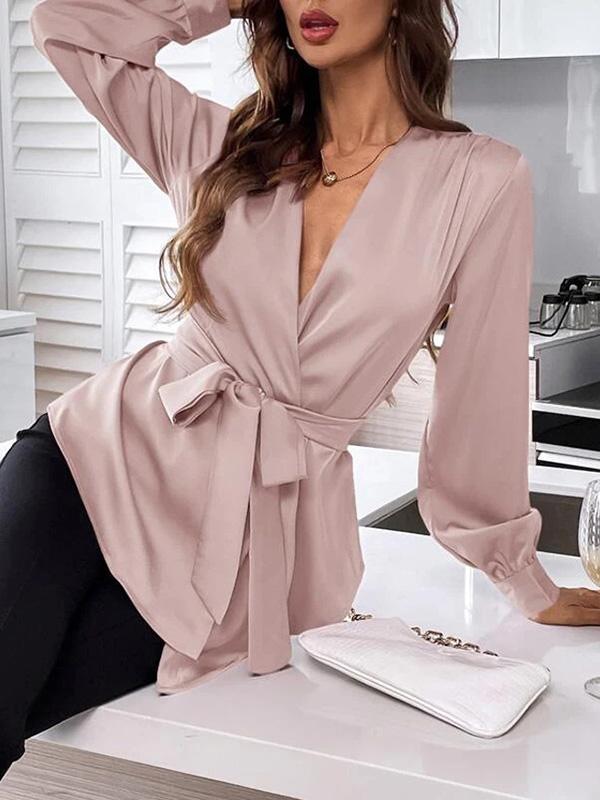 Loose Puff Sleeves Pleated Solid Color Split-Joint Tied Waist V-Neck Blouses&Shirts Tops Product Image