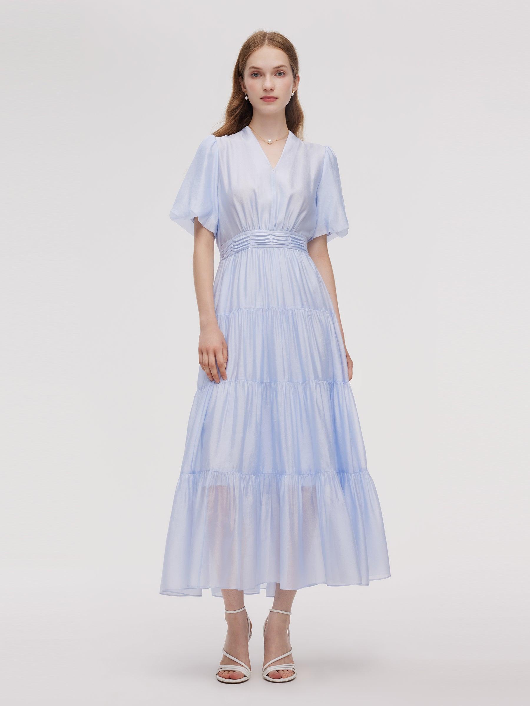 A-Line V-Neck Women Pleated Tiered Maxi Dress Product Image