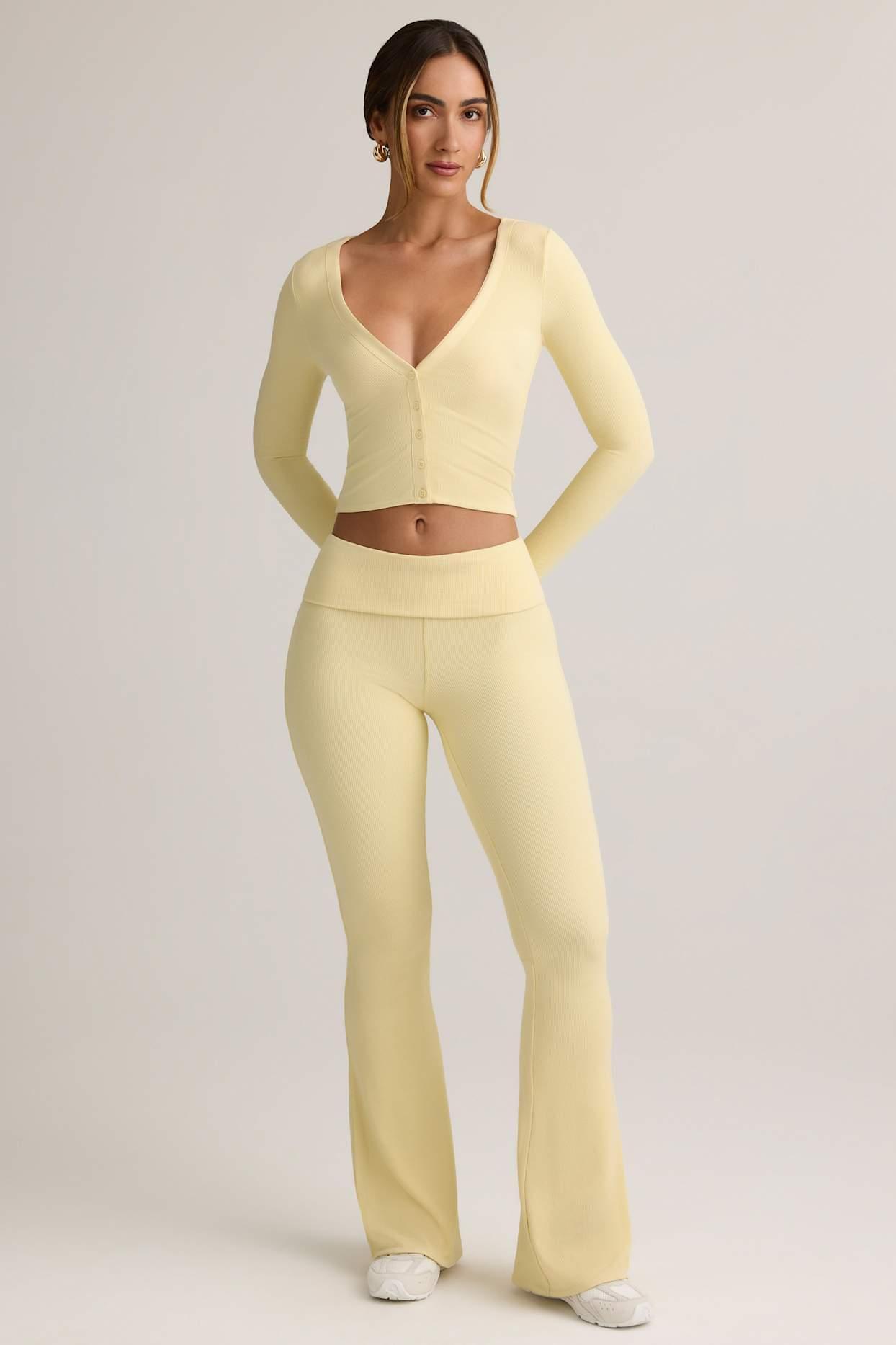 Modal Ribbed Foldover Flared Trousers in Buttercream Yellow Product Image