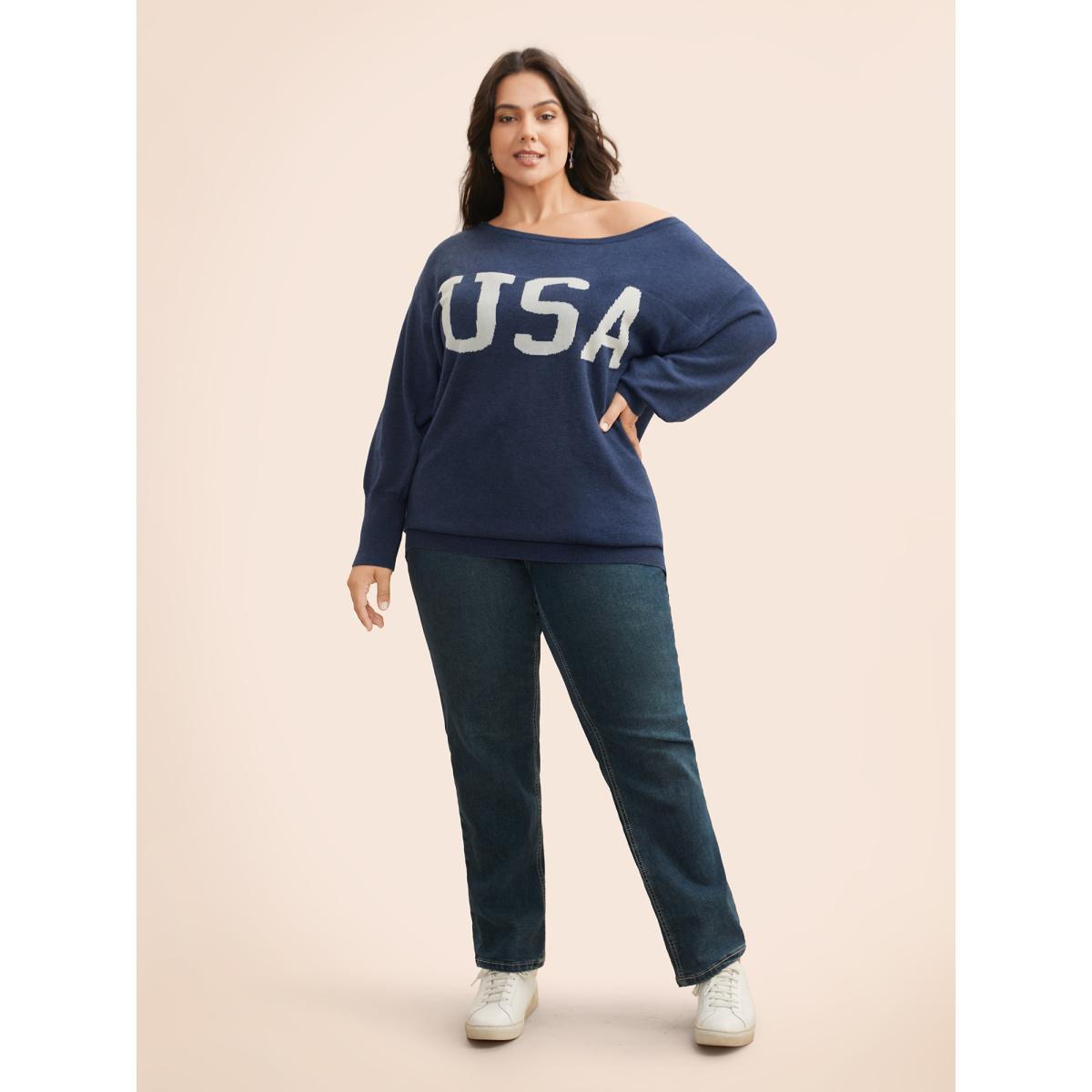 Plus Size Supersoft Essentials USA Boat Neck Pullover Indigo Women Casual Loose Long Sleeve Boat Neck Everyday Pullovers BloomChic 26/4X Product Image