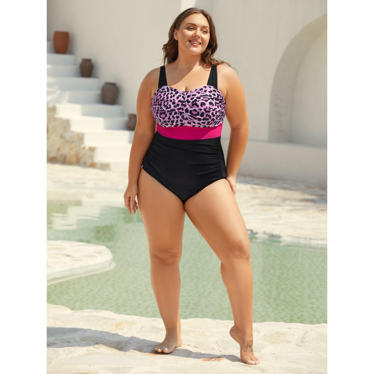 Plus Size Leopard Print Twist Front One-Piece Swimsuit Women's Swimwear RedViolet Beach Twist Curve Bathing Suits High stretch One Pieces BloomChic 12/L Product Image