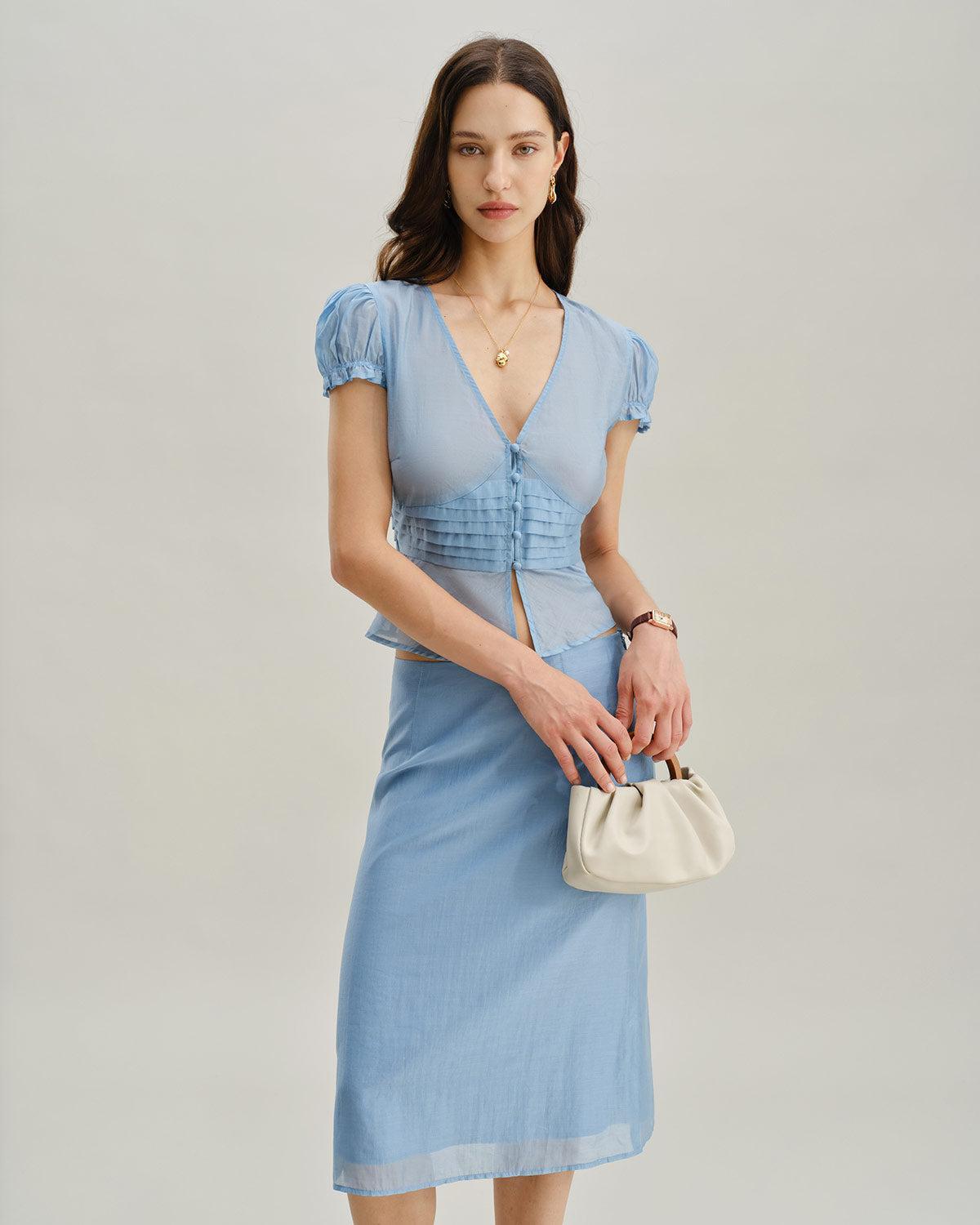 Blue Deep V Neck Short Sleeve Blouse Product Image