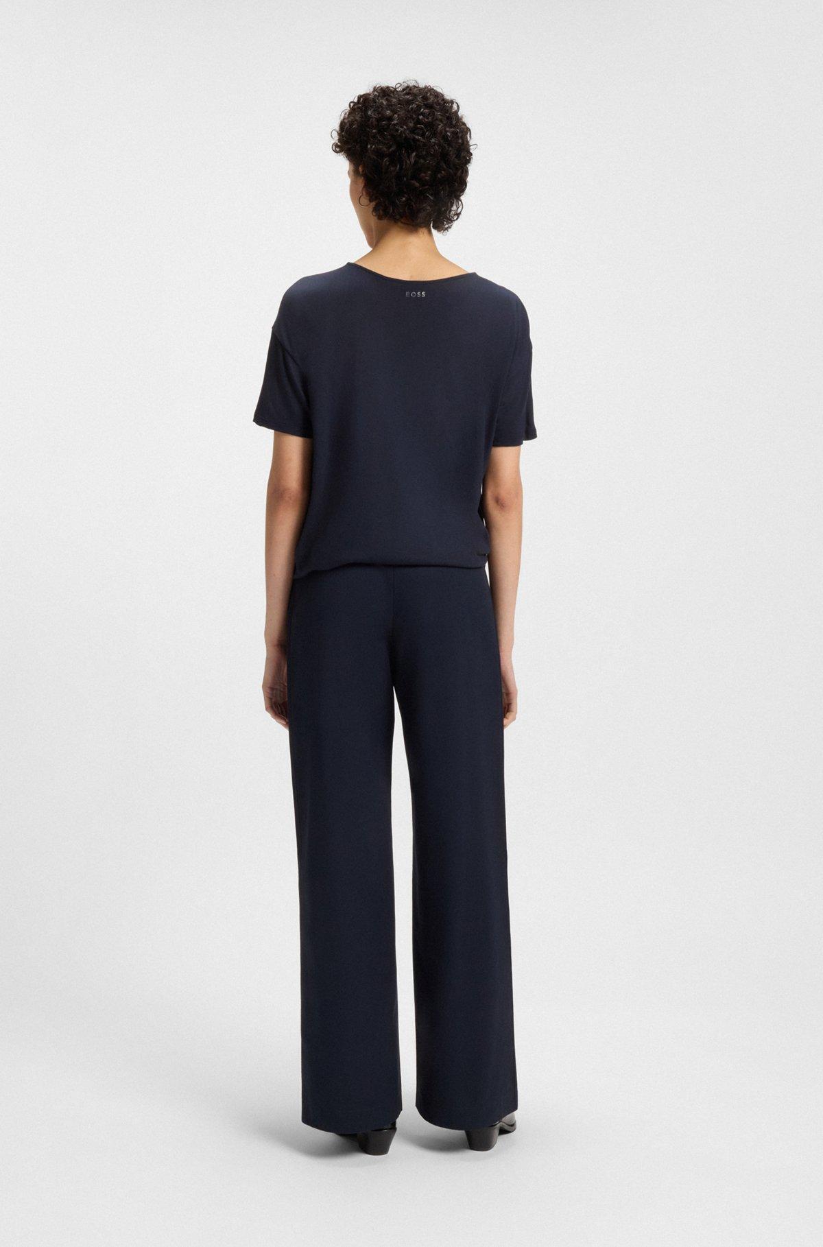 BOSS - Regular-fit jersey top with stretch-silk front - Dark Blue Product Image