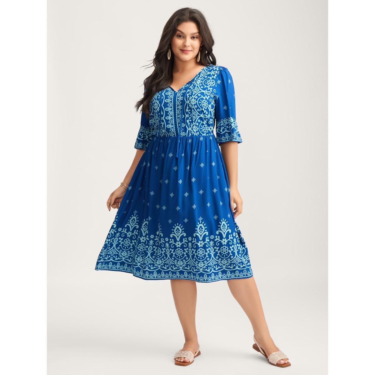 Plus Size Stretchy Waist Boho Print Midi Dress Skyblue Women Flat collar with V-notch Half Sleeve Curvy BloomChic 12/L Product Image