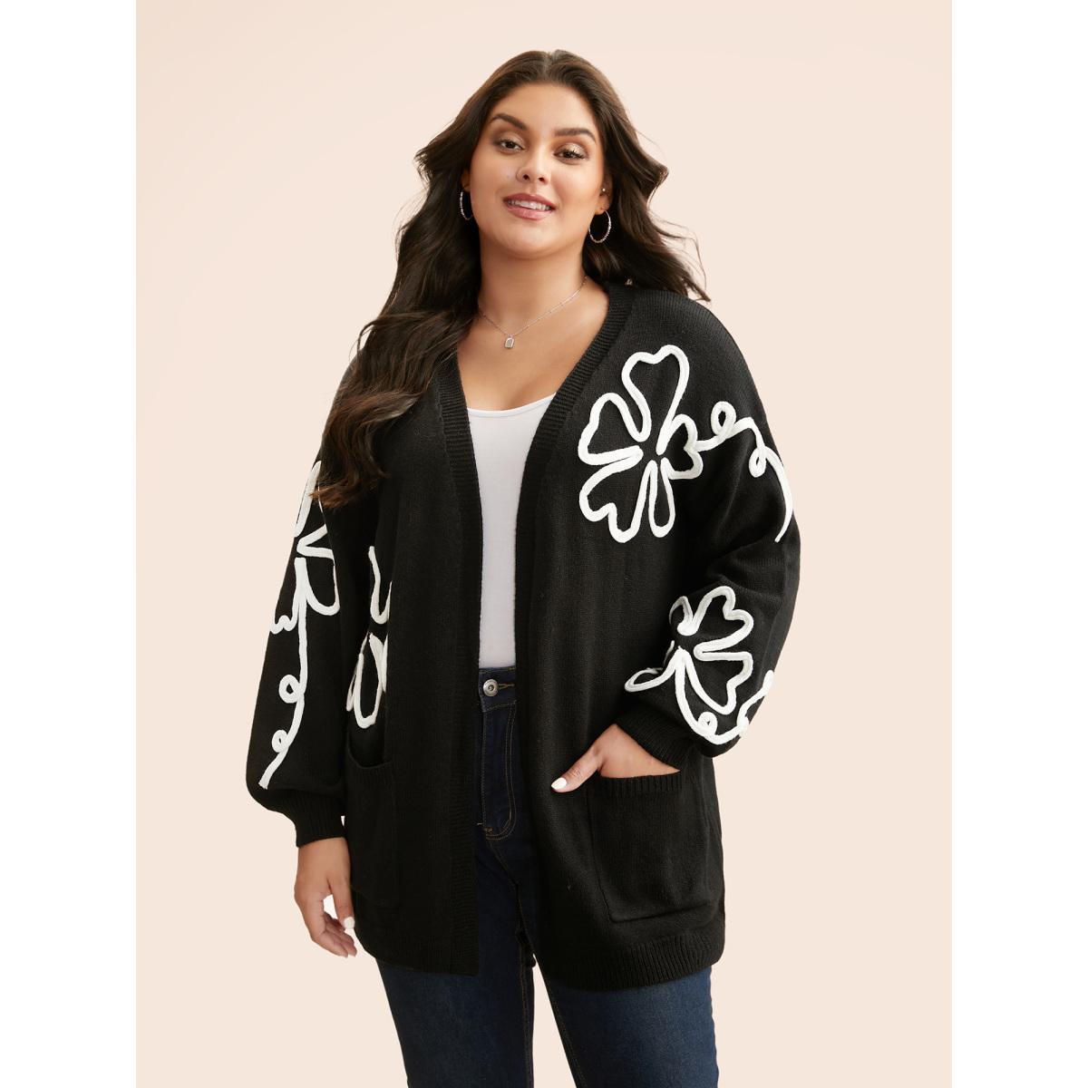 Plus Size Crochet Floral Kimono Collar Pocket Cardigan Black Women Casual Loose Long Sleeve Everyday Cardigans BloomChic 30/6X Product Image