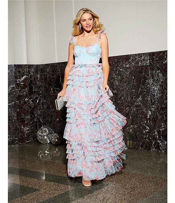 B. Darlin Floral Print Sweetheart Neck Bustier Spaghetti Strap Flutter Sleeve Ruffle Dress Product Image