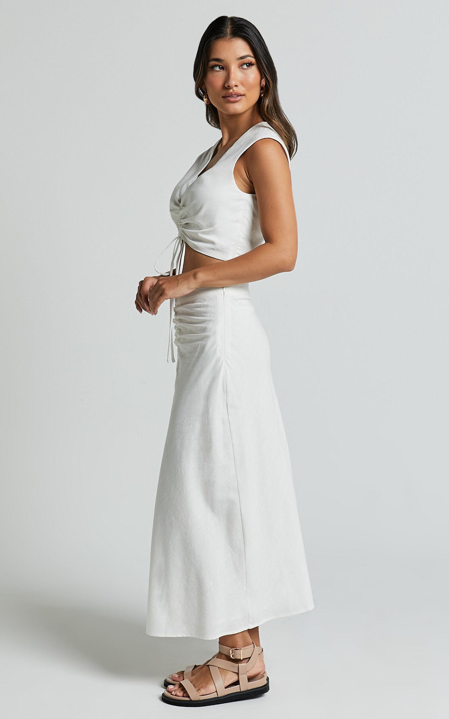 Devan Two Piece Set - Ruched Crop Top and A Line Midi Skirt Set in White Product Image