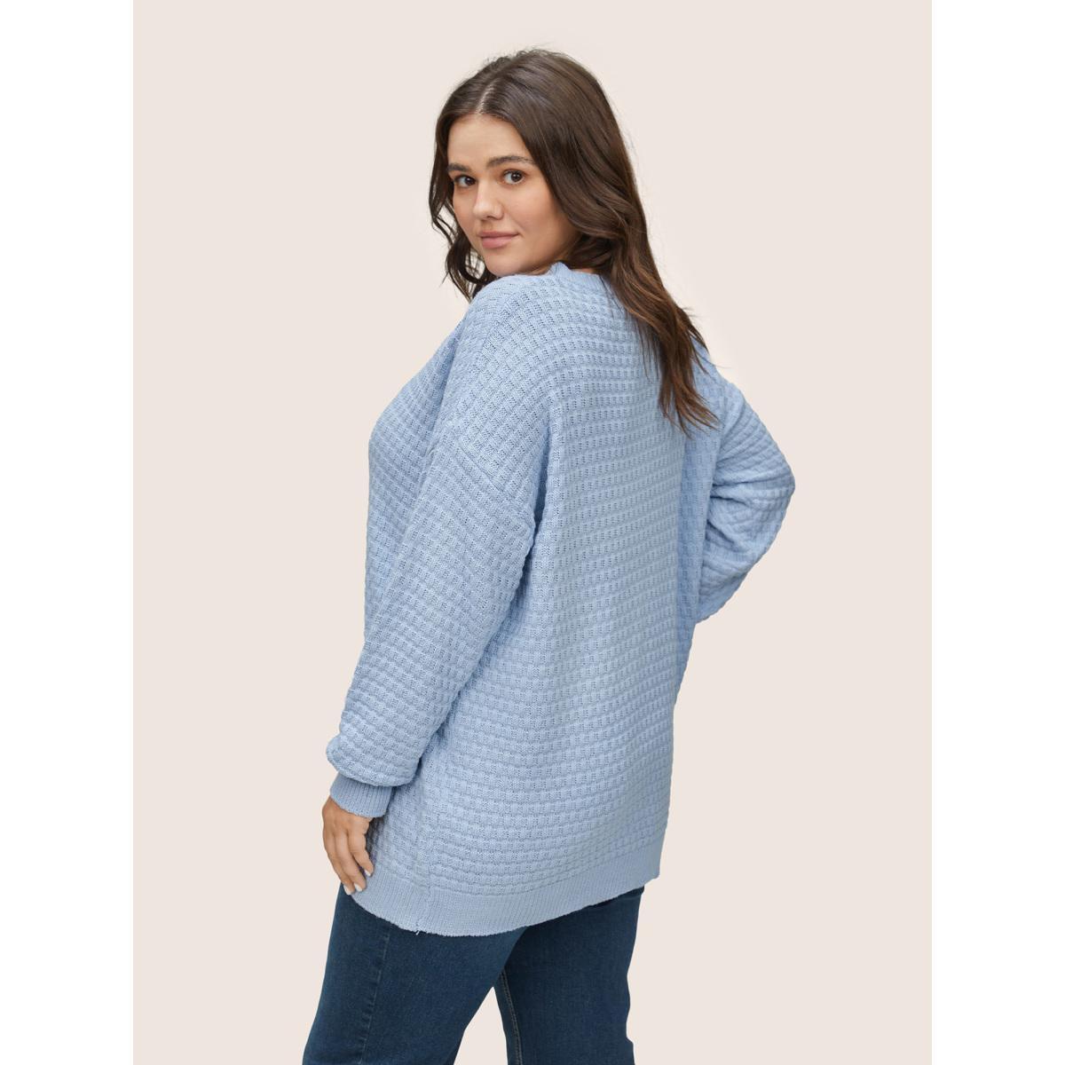 Plus Size Plain Texture Round Neck Elastic Cuffs Pullover LightBlue Women Basics Long Sleeve Round Neck Everyday Pullovers BloomChic 26/4X Product Image