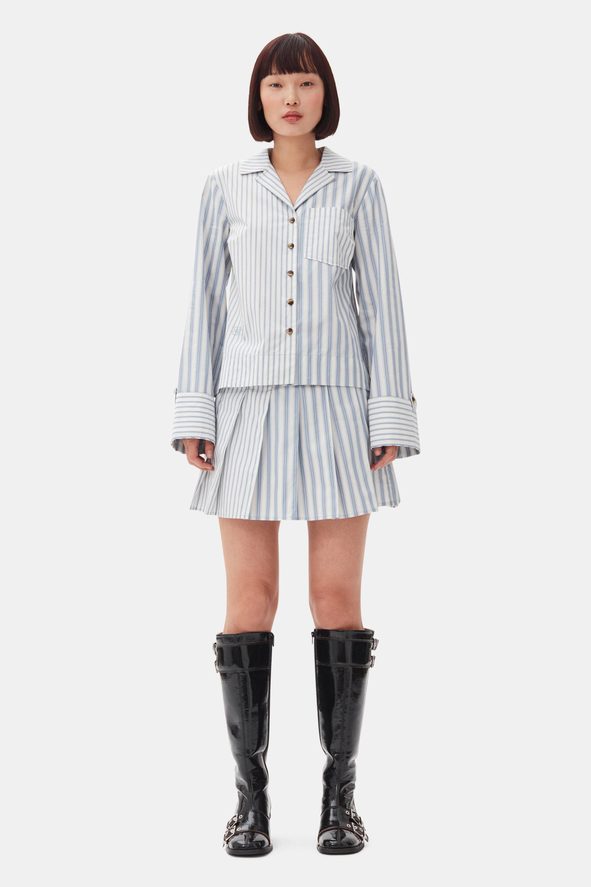 Blue Stripe Cotton Pleated Mini Skirt Product Image