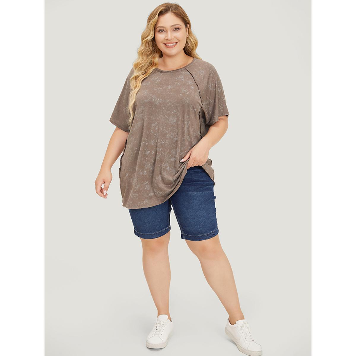 Plus Size Solid Round Neck Mesh Patchwork T-shirt Black Women Elegant See through Plain Round Neck Dailywear T-shirts BloomChic 30/6X Product Image