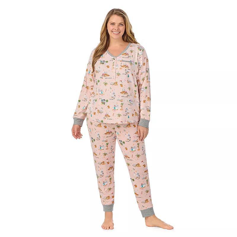 Plus Size Cuddl Duds Cozy Long Sleeve Henley Pajama Top & Pajama Bottoms Set, Womens Cream Brown Product Image