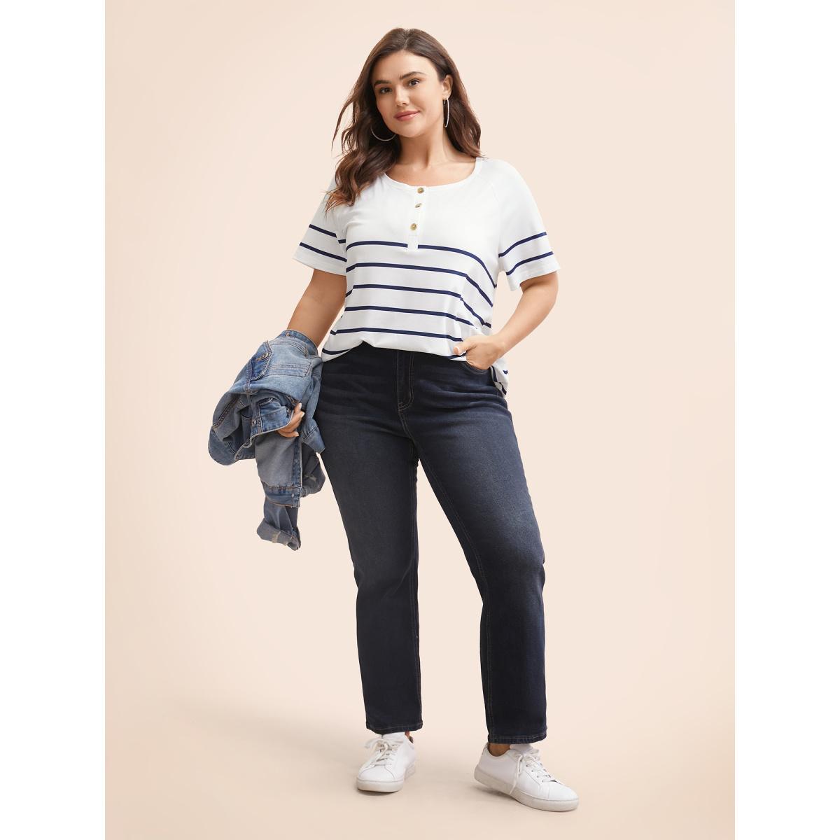 Plus Size Striped Print Raglan Sleeve Button Up T-shirt White Women Casual Contrast Striped Round Neck Everyday T-shirts BloomChic 30/6X Product Image