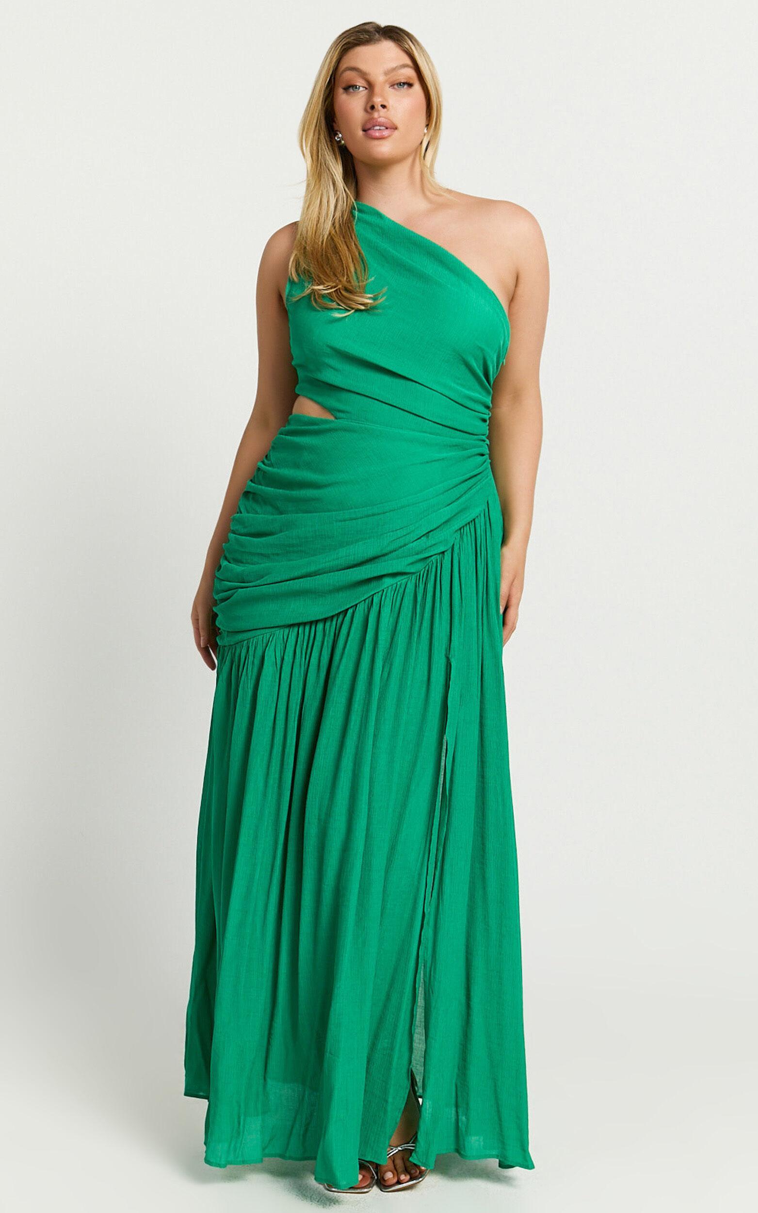 Darcy Maxi Dress - One Shoulder Side Cut Out Gathered Dress in Green Product Image