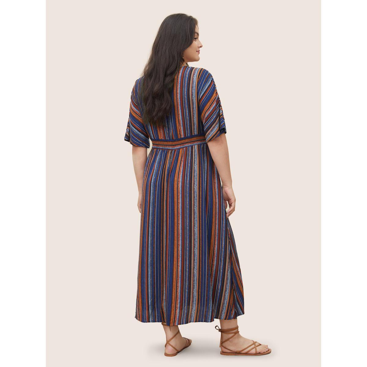 Plus Size Striped Contrast Dolman Sleeve Shirred Pocket Split Flutter Dress Blue Women Boho Non V-neck Half Sleeve Curvy BloomChic 14-16/1X Product Image