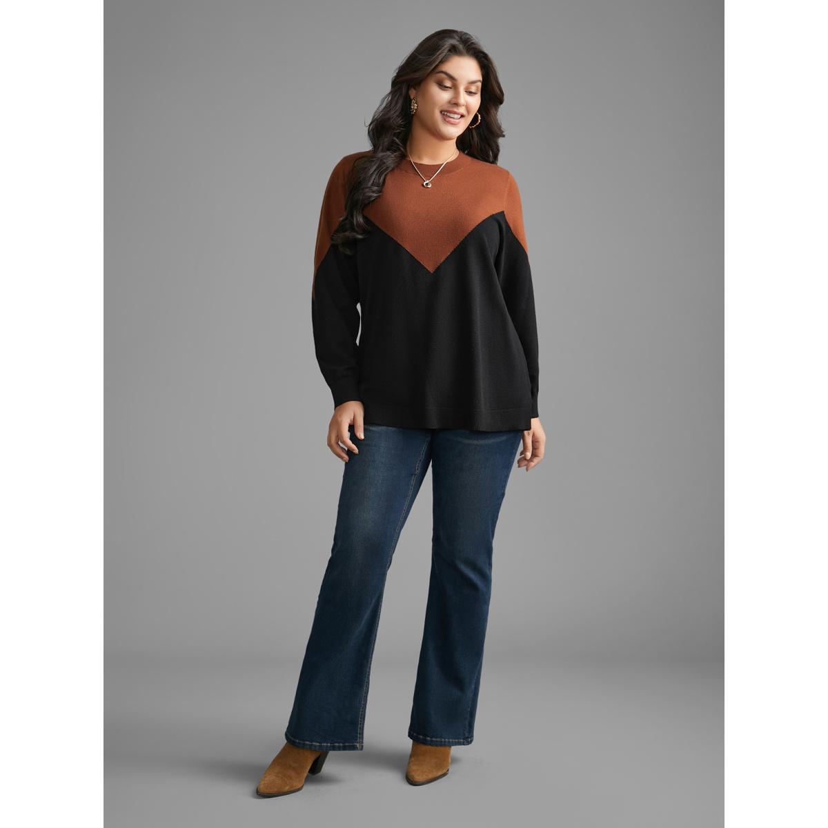 Plus Size Round Neck Contrast Patchwork Pullover Black Women Casual Loose Long Sleeve Round Neck Everyday Pullovers BloomChic 12/L Product Image