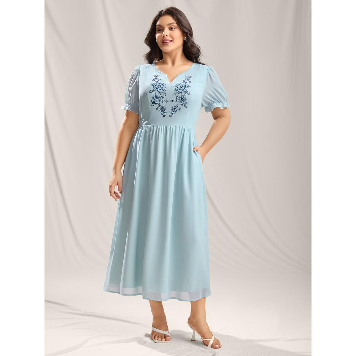 Plus Size Embroidered Sheer Chiffon Pockets Midi Dress LightBlue Women Notched collar Short sleeve Curvy BloomChic 22-24/3X Product Image