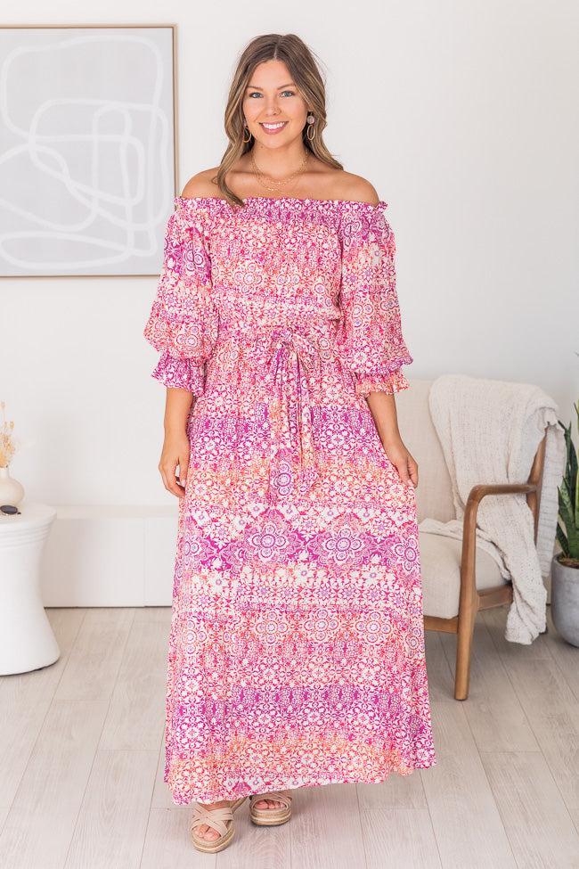 Dynamic Love Pink Printed Off The Shoulder Maxi Dress FINAL SALE Product Image