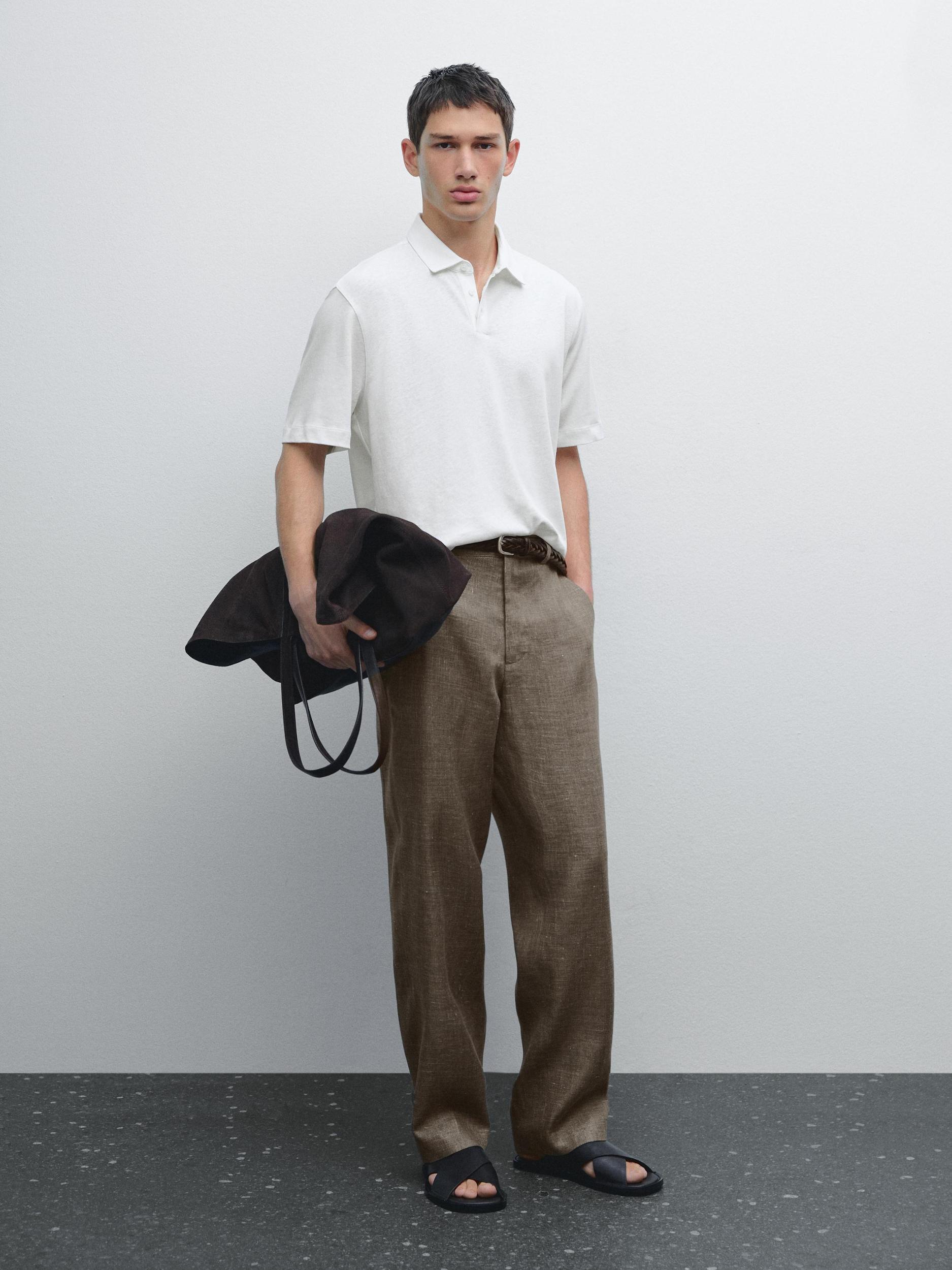 Short sleeve linen blend polo shirt Product Image