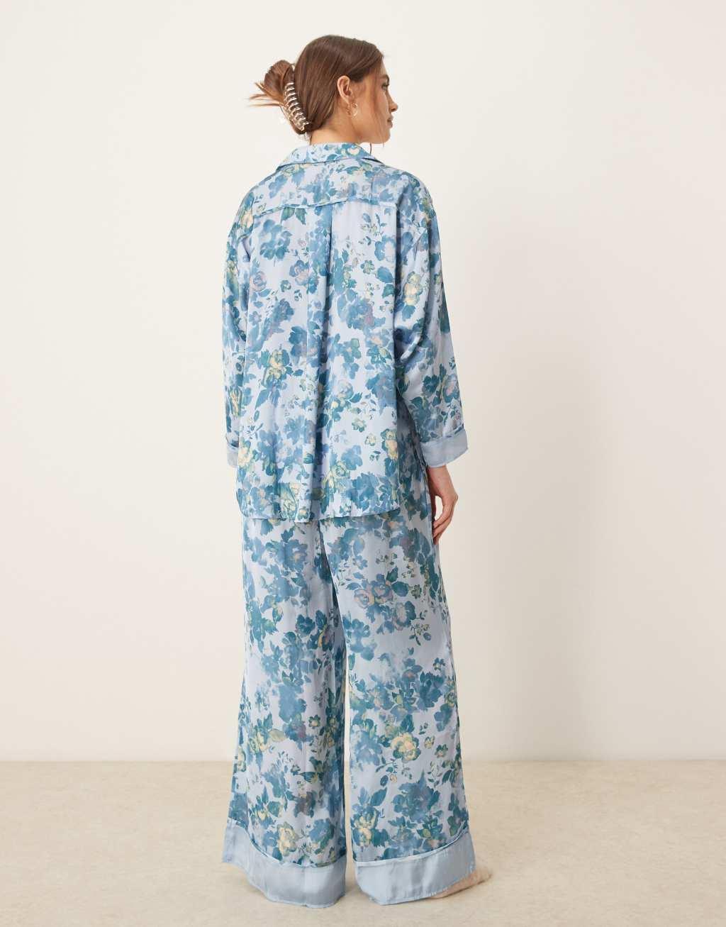 Free People dreamy days printed silk pajama set in light blue Product Image