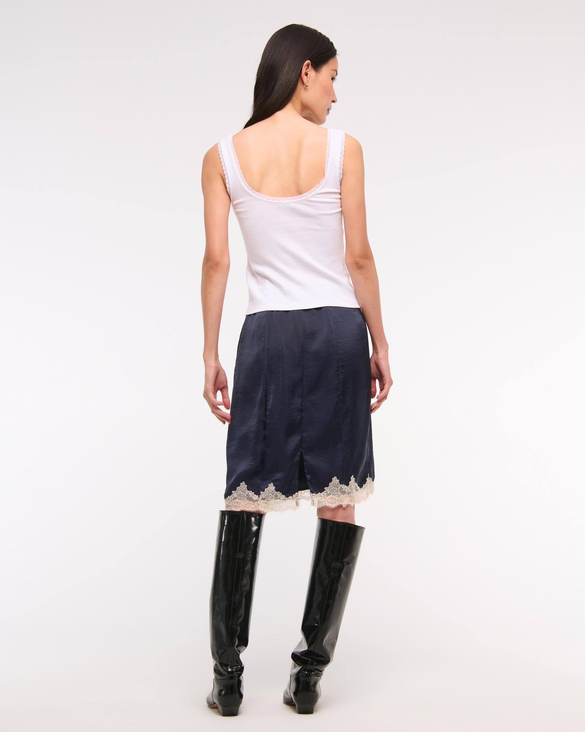 High Rise Satin Lace-Hem Midi Skirt Product Image