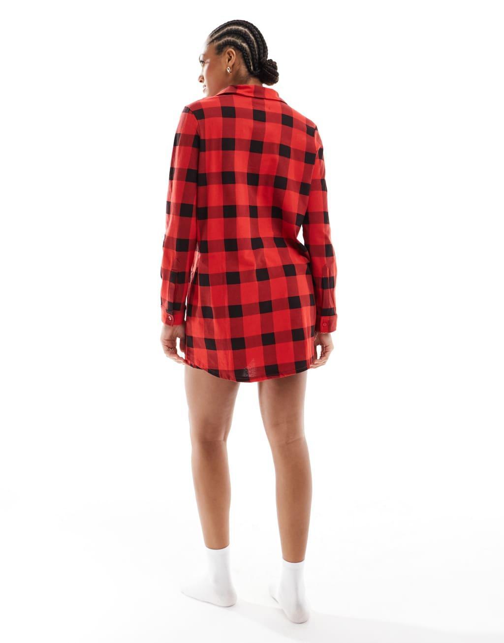 Brave Soul long sleeve red and black check shirt and shorts lounge set  Product Image