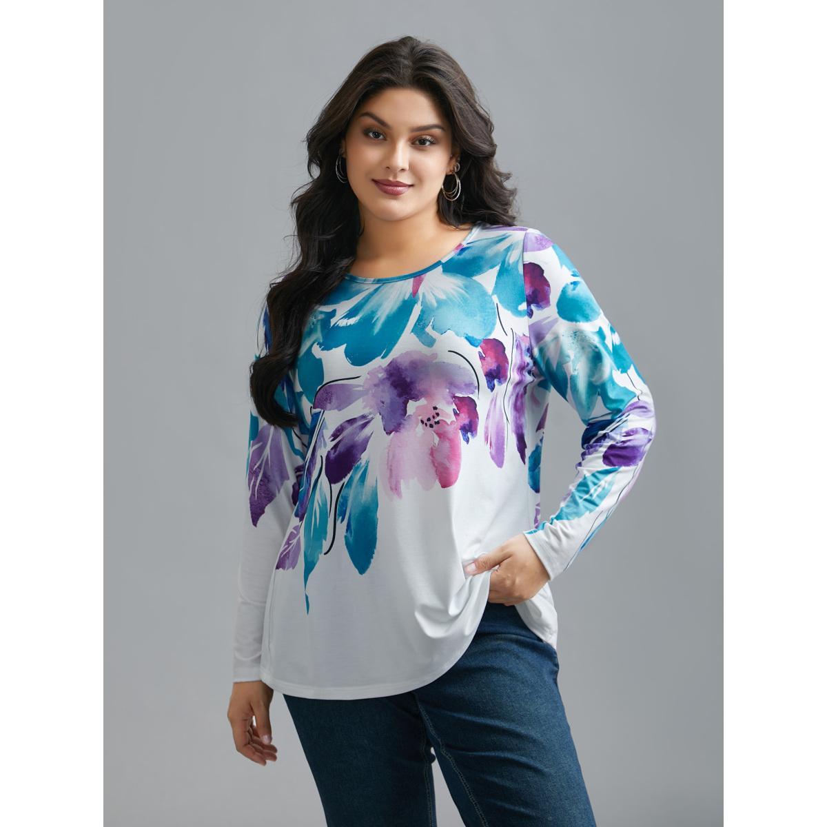 Plus Size Floral Boho Print Stretchy T-Shirt WhiteSmoke Women Casual Non Art&design Round Neck Everyday T-shirts BloomChic 10/M Product Image