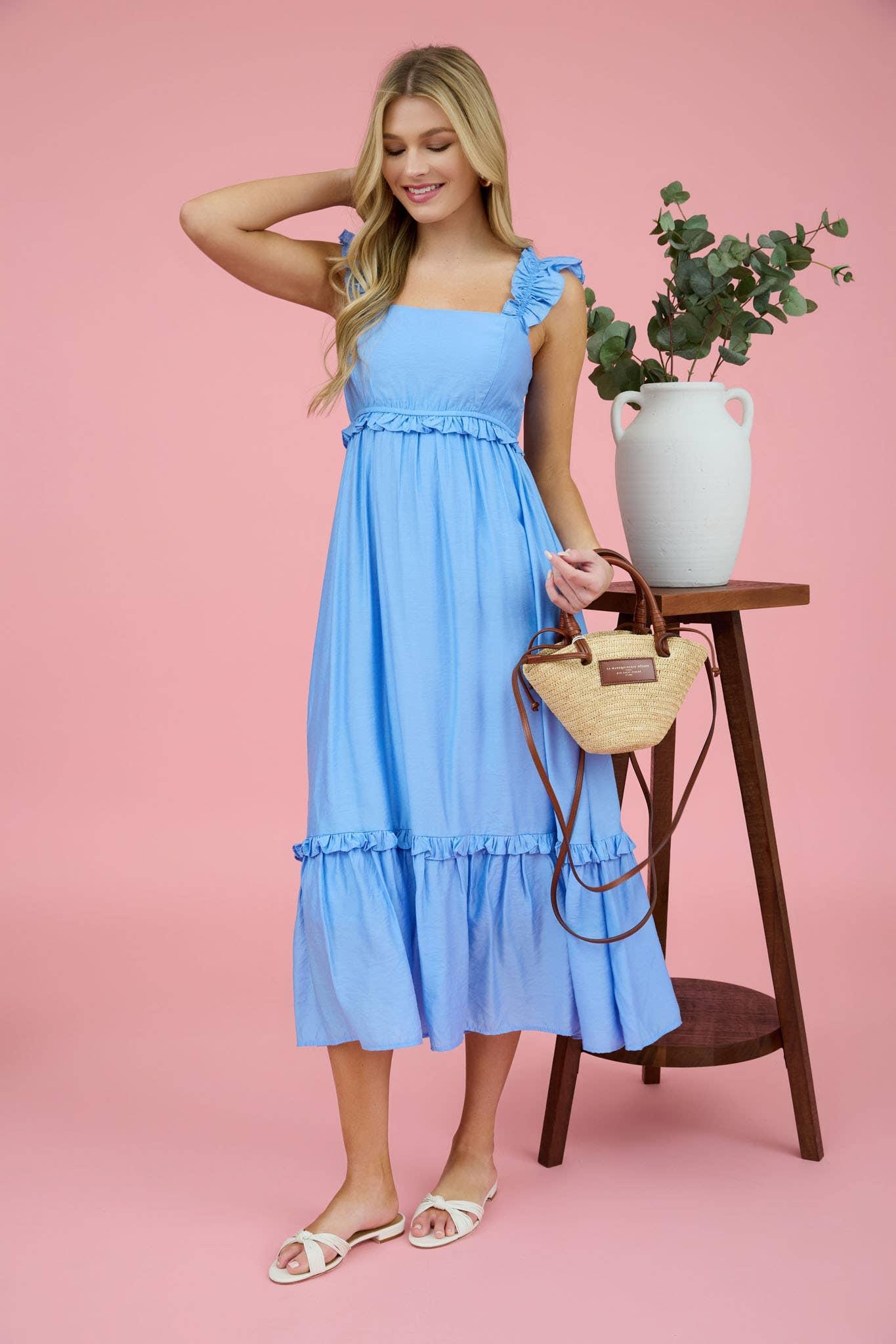 RUFFLE DETAIL EMPIRE WAIST SLEEVELESS MIDI DRESS: BLUE Product Image