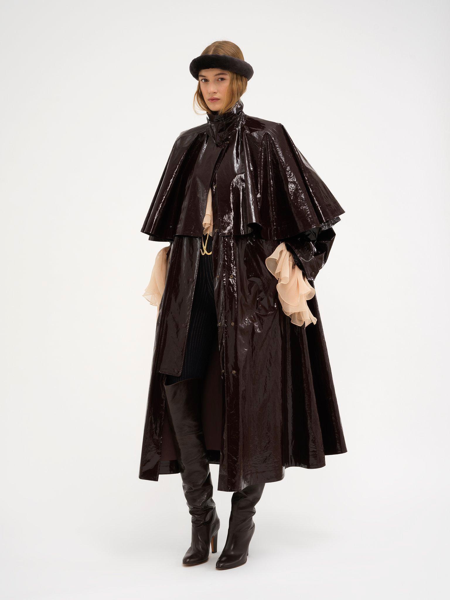Oversized long parka in shiny cotton with cape Product Image