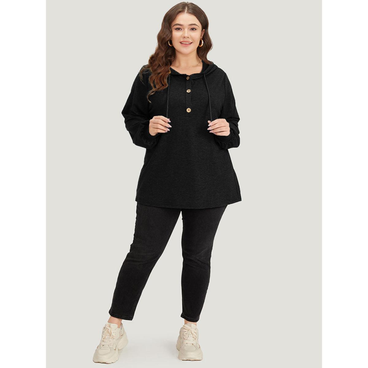 Plus Size Plain Drawstring Button Up Hooded Elastic Cuffs Sweatshirt Women Black Casual Elastic cuffs Hooded Dailywear Sweatshirts BloomChic 12/L Product Image