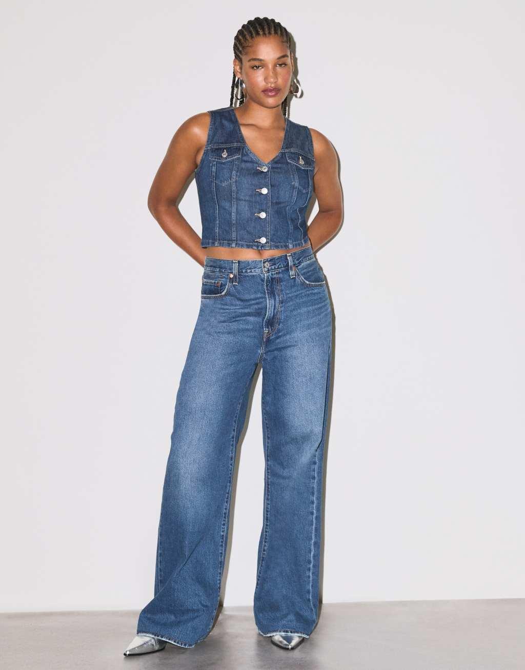 Levi's ribcage high rise wide leg jeans in dark blue Product Image