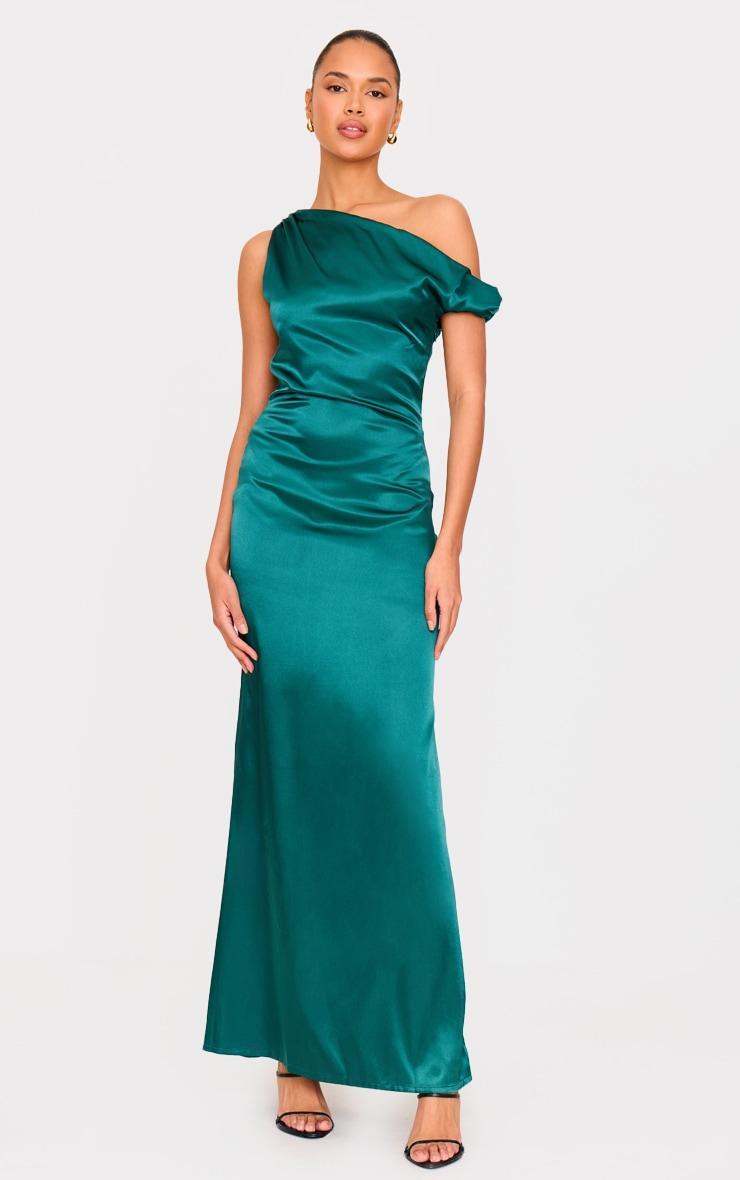 Emerald Green Satin Asymmetric Sleeveless Maxi Dress Product Image