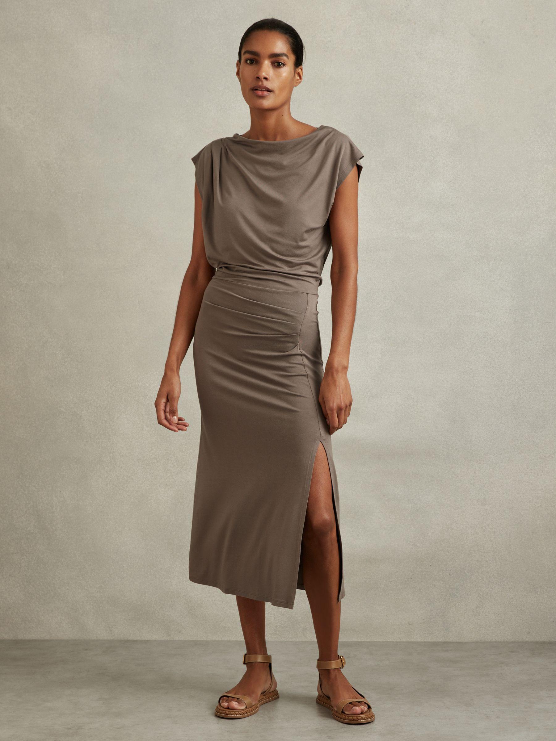 Ruched Jersey Midi Dress in Mocha Product Image