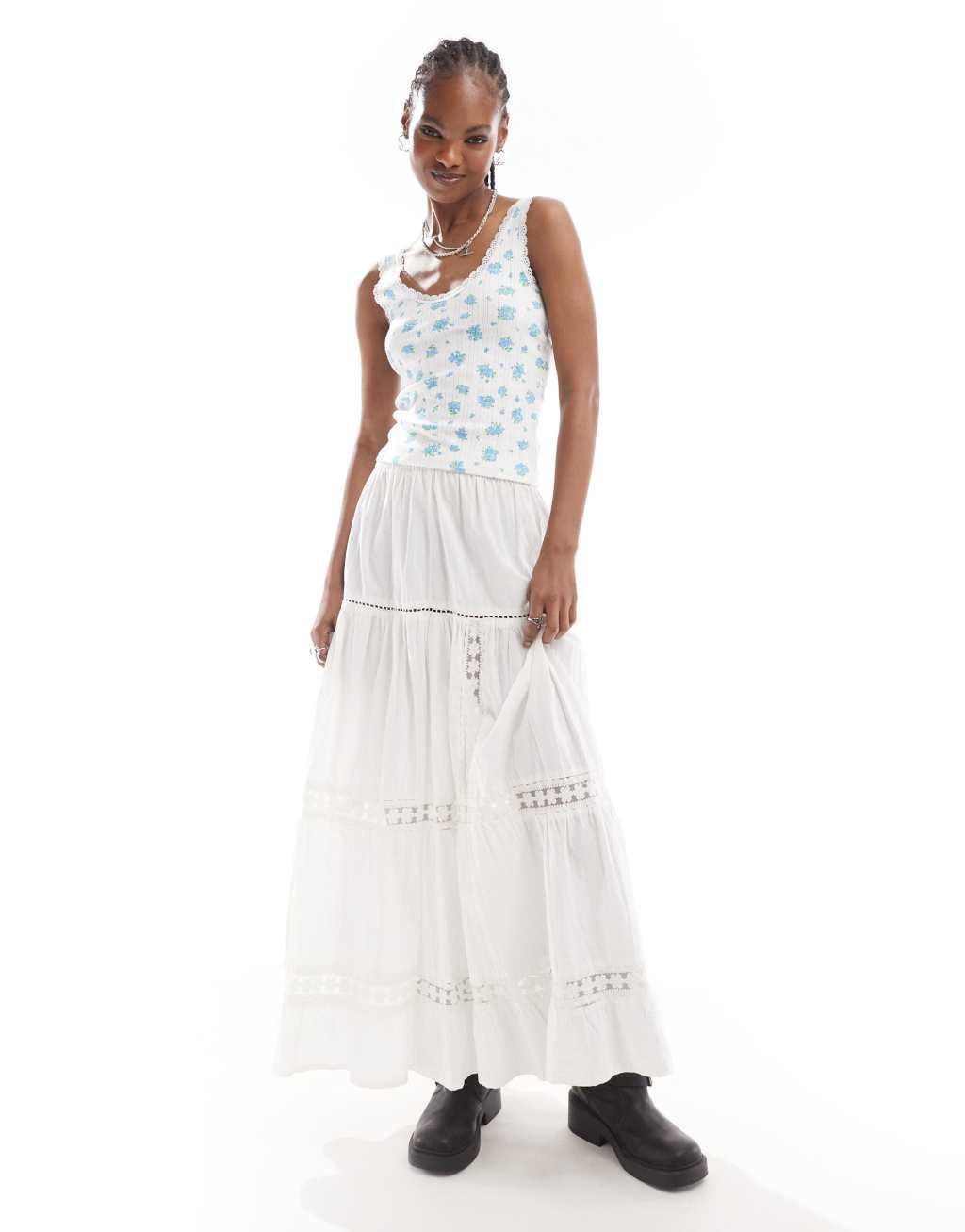 Monki pointelle scoop neck tank top with lace trim in off white and blue floral print Product Image