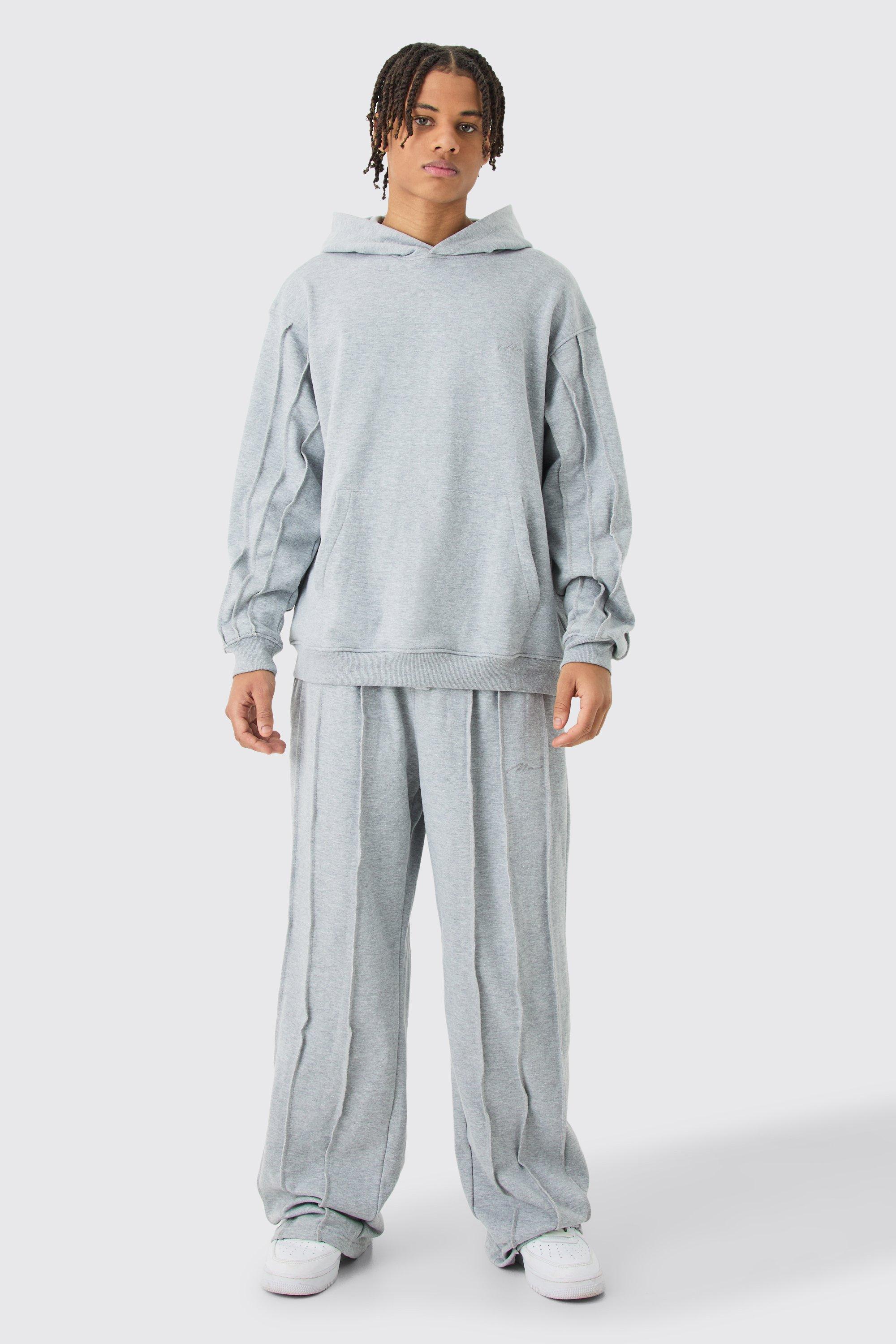 Mens Grey Oversized Raw Seam Man Sig Embroidered Hooded Tracksuit, Grey Product Image