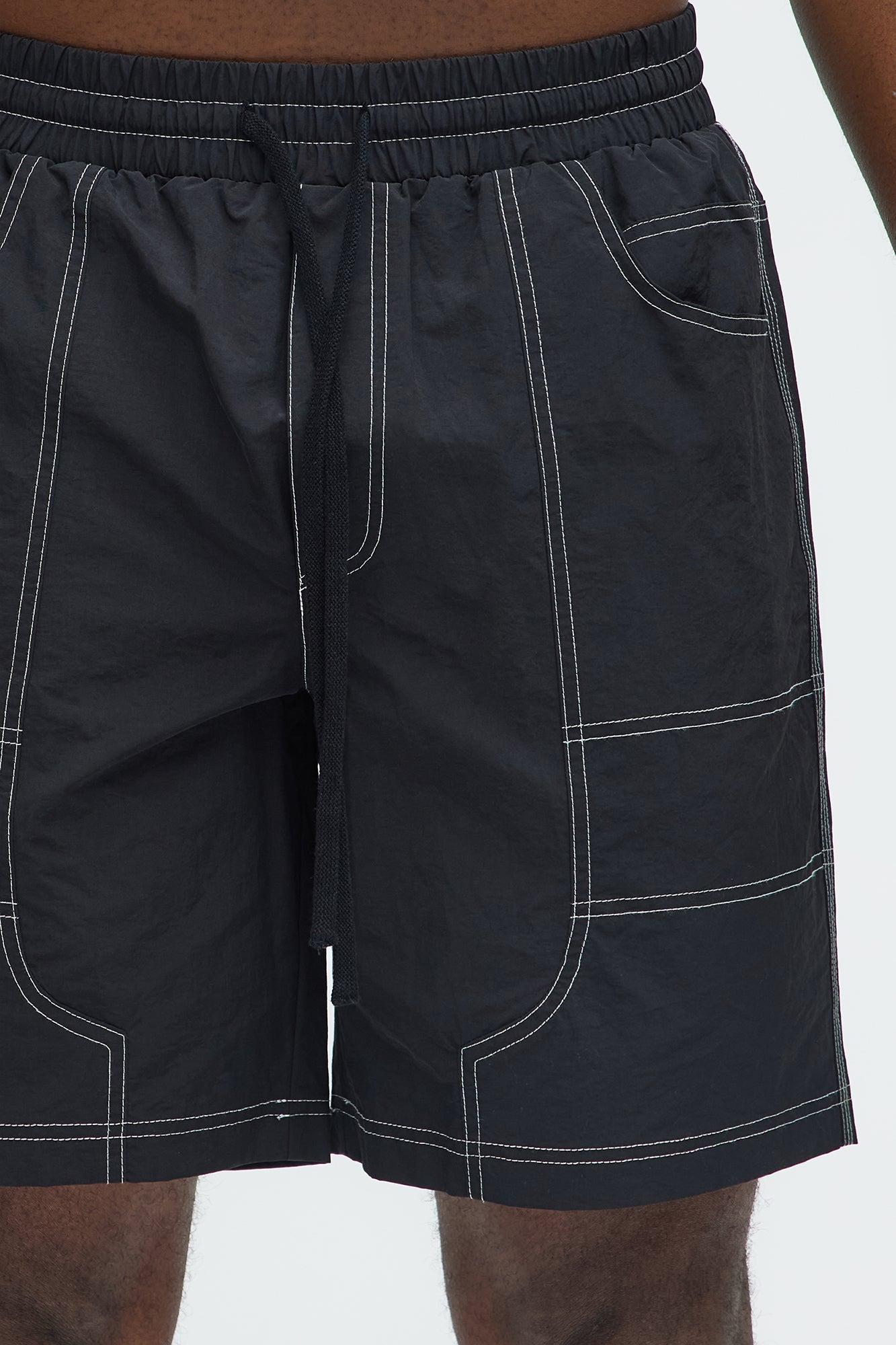 Nylon Contrast Stitch Relaxed Shorts - Black Product Image