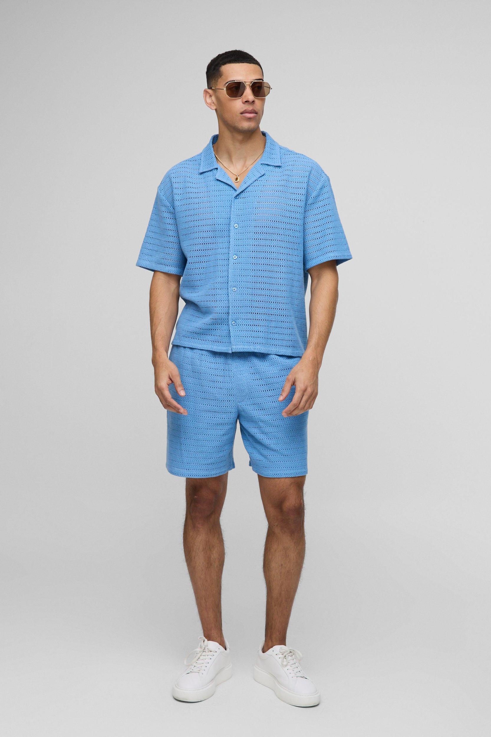 Oversized Open Texture Boxy Revere Shirt & Short Set | boohooMAN USA Product Image